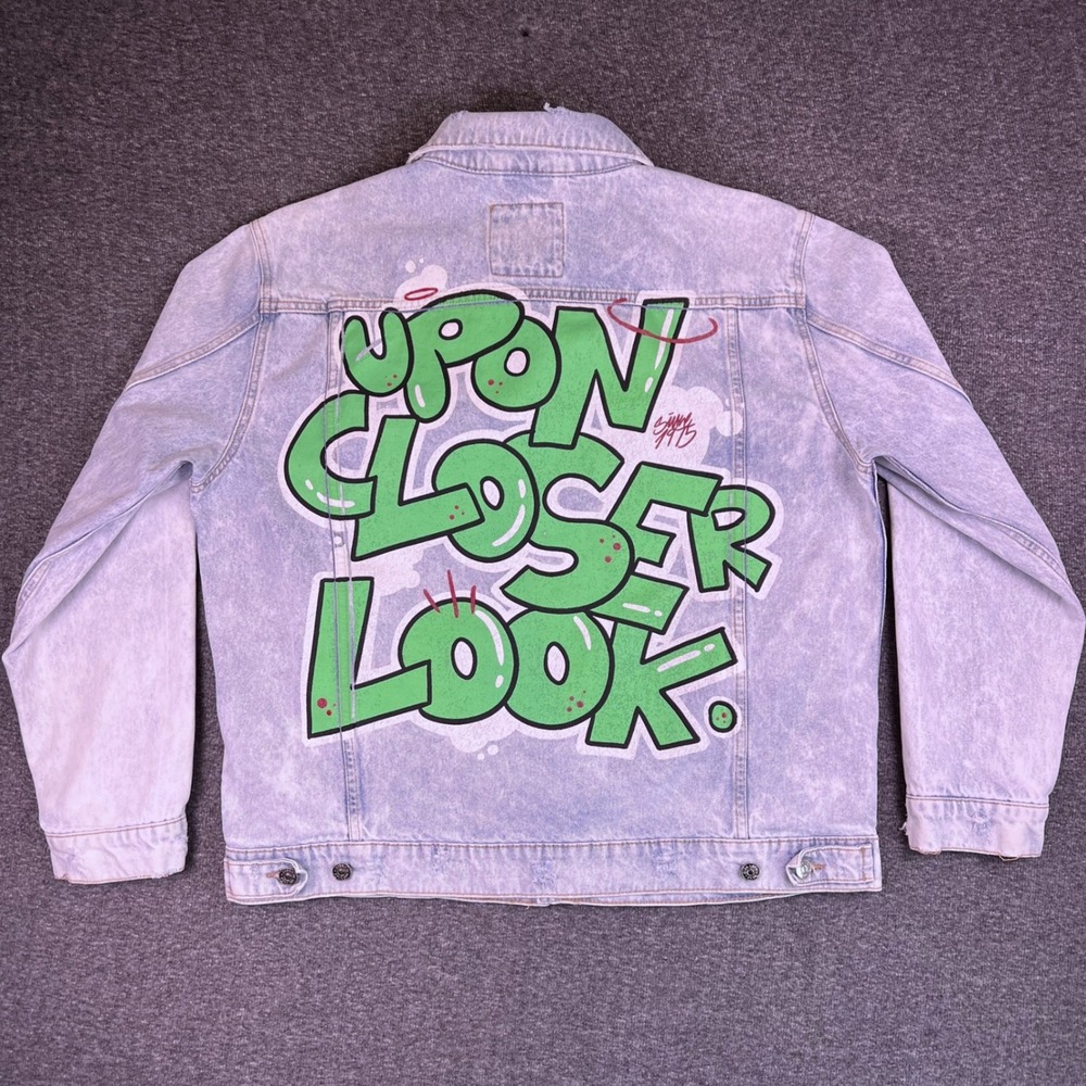 ZARA Acid Wash Denim Jacket Men XL Graphic Distressed Urban Graffiti Trucker Y2k - Picture 16 of 16